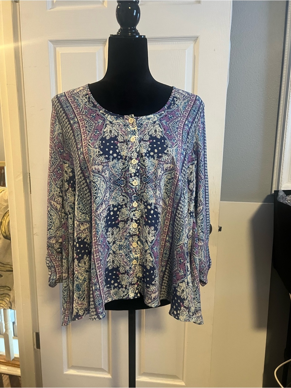 Style & Co. Navy and Lavender Paisley Button-Front Blouse